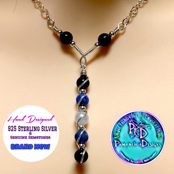 Full Moon Necklace- Moonstone Lapis Lazuli and Onyx Sterling Silver Necklace - Picture 1 of 7